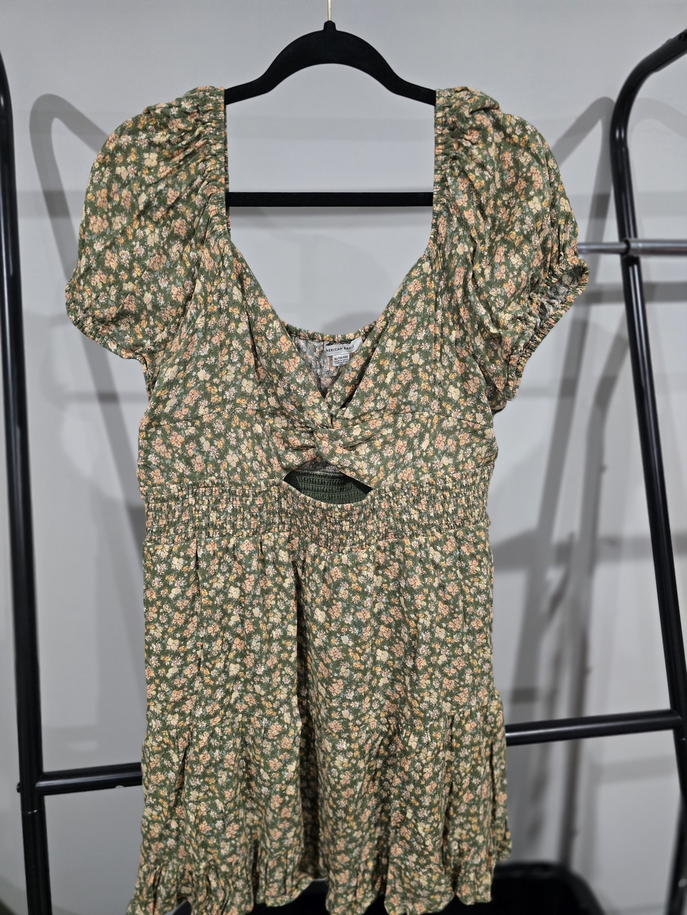American Eagle Outfitters Green Floral Twist Cutout Mini Dress